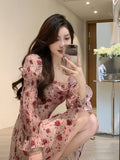 Summer Sweet Elegant Short Party Dress Korean Fashion Floral Mini Dress Beach Long Sleeve Casual Vintage Dress Woman Chic