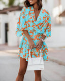 Women Batwing Sleeve Mini Dress Sexy V Neck Boho Floral Print High Waist Loose Dresses Summer Beach Holiday Robe Dress Vestidos