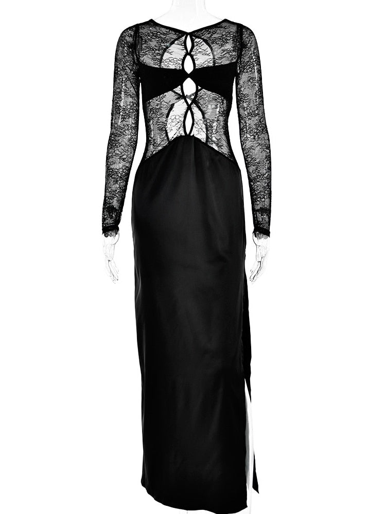 Sexy Hollow Out Backless Black Long Sleeve Maxi Dress Women Prom See-through Lace Splicing Side Slit Party Dresses New Autumn
