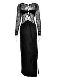 Sexy Hollow Out Backless Black Long Sleeve Maxi Dress Women Prom See-through Lace Splicing Side Slit Party Dresses New Autumn