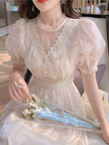 Darianrojas Vintage Summer Elegant Women French Retro Lace V-neck Princess Fairy Dress Puff Sleeve Party Dress traf платье robe