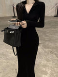 Vintage Black Bodycon Dress Retro Evening Party Elegant Wrap Long Sleeve Dresses for Women  Autumn Fall V-neck Polo