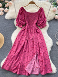 YuooMuoo Fast Shipping Women Dress Fashion Romantic Floral Print Split Long Summer Dress Puff Sleeve Party Korean Vestidos