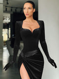 Elegant Padded Slit Evening Club Gown For Women Gloves Sleeve Velvet Long Dress Outfits Sexy Maxi Dresses Ruched Dresses