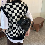 Korean Style Checkerboard Knitted Sweater Vest Women V-neck Oversized Plaid Preppy Fashion Sleeveless Knitwear Jacket