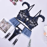 Lace Ruffle Fancy with Chain Garter Sexy Porn Underwear Bra Fine Embroidery Lingerie for Women Panty Set  Thong Panties