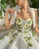 White Flowers Appliques Prom Dresses Bow Straps Tea-Length A-Line Evening Dress Wedding Party Gowns with Pockets