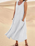 Summer Women Sleeveless Sundress Elegant Round Neck Cotton Linen Solid Long Tank Dress Vintage Pockets Beach Vestidos