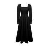 Black Hepburn Dress Women's  High Waist Thin French Square Collar Long Sleeve Little Black Vestidos Elegantes Para Mujer