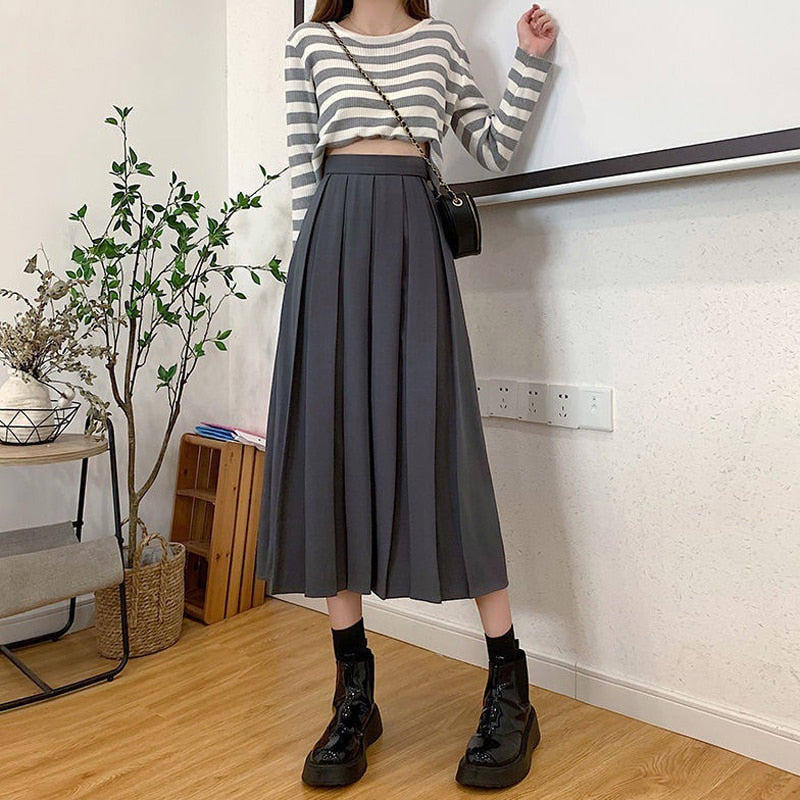 Fashion Long Skirt High Waist A Line Elastic Waist Pleated Skirt Elegant Black Coffee Solid Color Maxi Skirt for Women Girl
