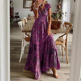 Women Vintage Long Dresses  Summer Floral Print Bohemian Beach Sundress Female Casual V Neck Big Swing Maxi Dresses Vestidos