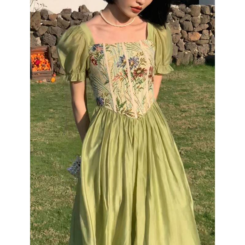 Darianrojas French Style Ink Green Maxi Dress One Piece Korean Style Square Neck Puff Sleeve Patchwork A-line Dresses for Women Vestido
