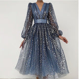 New Women's Evening Sequins Dress Mesh Tulle V Neck Long Sleeve Dots Elegant Female Dress Banquet Party Vintage Solid Long Dress