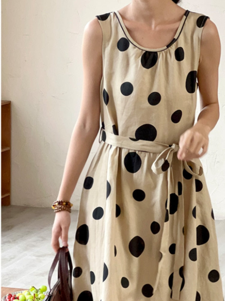 Summer Dress Korean Fashion New Arts Style Women Sleeveless Dot Print All-matched Casual Cotton Linen O-neck Tank Dresses