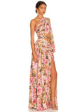 Summer Floral Print One Shoulder Maxi Dress Sexy Diagonal Neck Long Sleeve Hollow Out Chain Split Long Dress Evening Party Dress