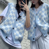 Korean Style Checkerboard Knitted Sweater Vest Women V-neck Oversized Plaid Preppy Fashion Sleeveless Knitwear Jacket