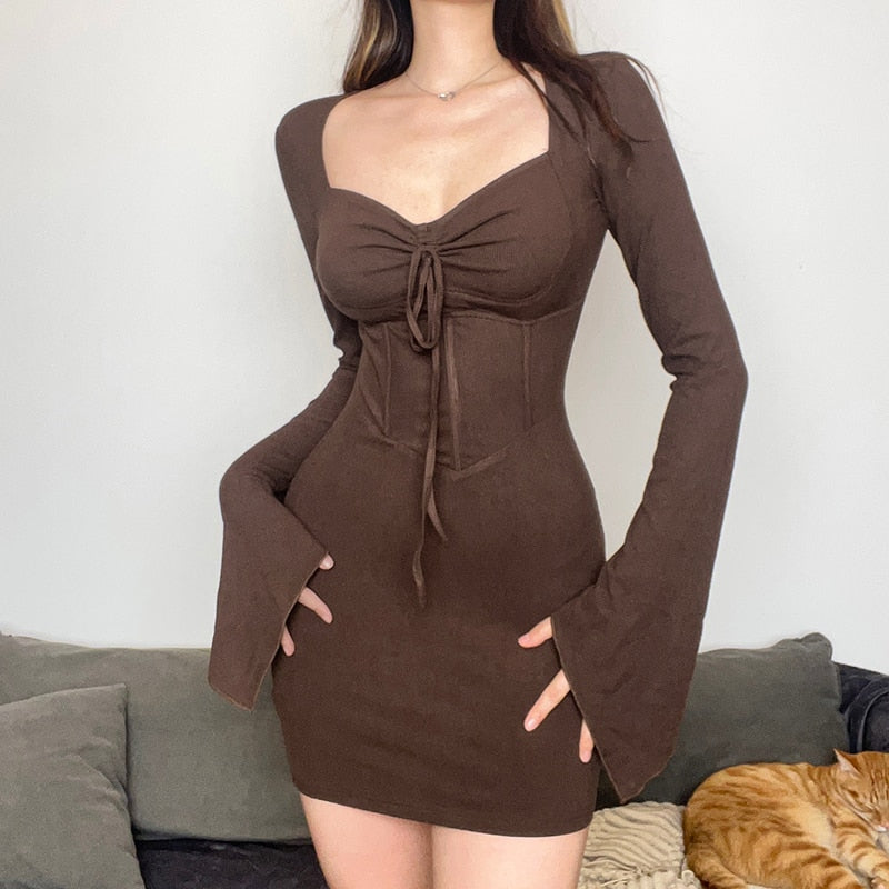 Darianrojas Vintage Chic Knitted Brown Skinny Mini Women Dresses Drawstring Corset Elegant Party Dress Flare Sleeve Slim Outfits