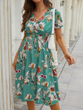 Chiffon Dress Summer Dress  Retro Yellow Red Floral Print Female Casual V-neck Short-sleeved A-line Beach Long Robe Dress