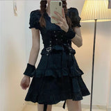 Darianrojas Japanese Lolita Princess Black Sexy Bad Girl Mini Dress Woman Kawaii High Waist Puff Sleeve Lace Ruffles Party Y2k Streetwear