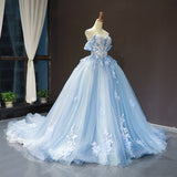 Blue Quinceanera Dresses New Classic Off The Shoulder Princess Prom Dress Lace Appliques Ball Gown With Small Train Custom Size