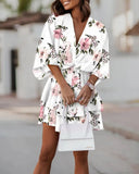 Women Batwing Sleeve Mini Dress Sexy V Neck Boho Floral Print High Waist Loose Dresses Summer Beach Holiday Robe Dress Vestidos