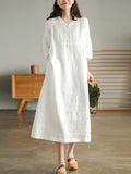 Summer New Women's Cotton and Linen Dress Loose Stitching Solid Color Cotton and Linen V-neck Five-point Sleeve Mid-length