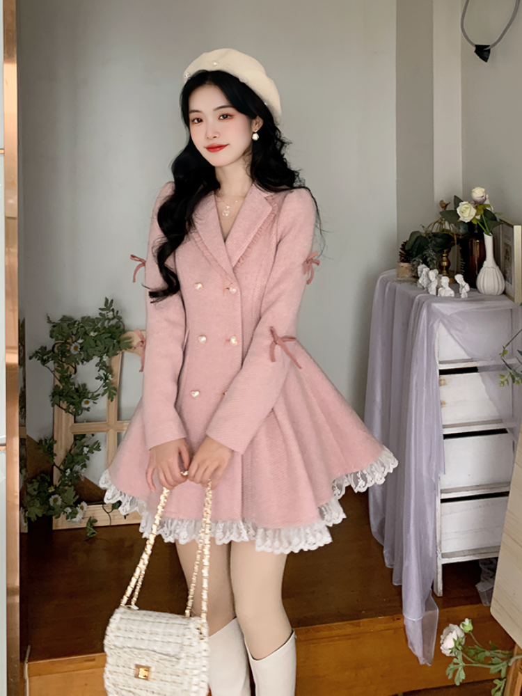 Warm Winter Pink Sweet Elegant Dress Women Lace Korean Style Party Mini Dress Female Long Sleeve France Vintage Cute Dress Coat