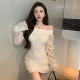 Darianrojas Slash Neck Mesh Pleated Dress Women High Waist Autumn Mini Party Dress Korean Off Shoulder Black Apricot Vintage Sexy