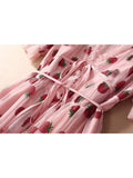 Sexy V-Neck Belt Strawberry Hot stamping Short Sleeve Party Mid-Length Dress Net Yarn Summer New Women'S Clothing