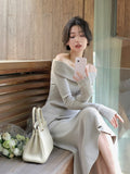 Darianrojas Office Lady 2 Piece Dress Set Woman Casual Y2k Tops + Slim Bodycon Midi Skirt Pure Color Knitted Suit Korean Fashion Autumn