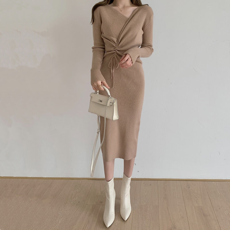 Vintage Korean One-Piece Sweater Maxi Dresses for Women Draw String Bodycon Slim Knitted Lady Woman Dress Autumn