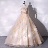 Champagne Quinceanera Dresses Fashion Spaghetti Strap Floor-length Ball Gown Dress Sweet Embroidered Small Flowers Prom Dresses