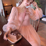 Korean Style Elegant Vintage Mesh Fairy Dress Women Beach Party Holiday Long Summer Dress Robe Longue Femme One Piece Dress