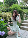 New In Dresses Green White Two-piece Fairy Dress korean Fashion Pleated High Waist bodycon Sexy Summer Dress Women