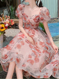 Darianrojas Vintage Floral Midi Dress Beach Style Summer Short Sleeve Elegant Dress Woman Boho Casual One Piece Dress Korean Fashion