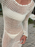 White Knit Beach Dress Crochet Bikini Cover Up Women Sexy Split Backless Maxi Dress Summer Long Sleeve Holiday Beachwear