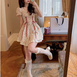 Darianrojas Floral Lace Dress Mori Girl Style Elegant Puff Sleeve Bandage Kawaii Fairy Princess Mini Short Dresses Woman