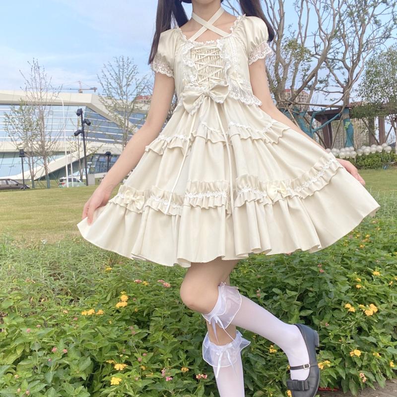 Darianrojas Kawaii Puff Short Sleeve Lolita Style Dress Women Sweet Bow Lace Ruffle Bandage Mini Dresses Girl Gothic Princess Party Vestidos