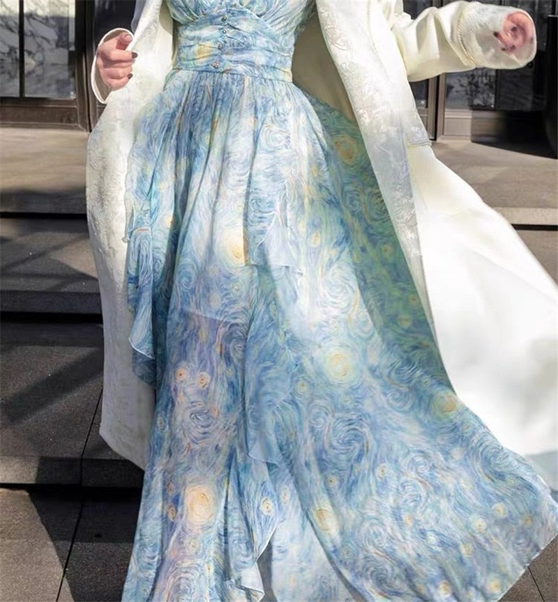 Darianrojas Luxurry Button Van Gogh Starry Painting Print Ruffles Long Dress Women Vintage Robes Long Sleeve V Neck Party Vestidos