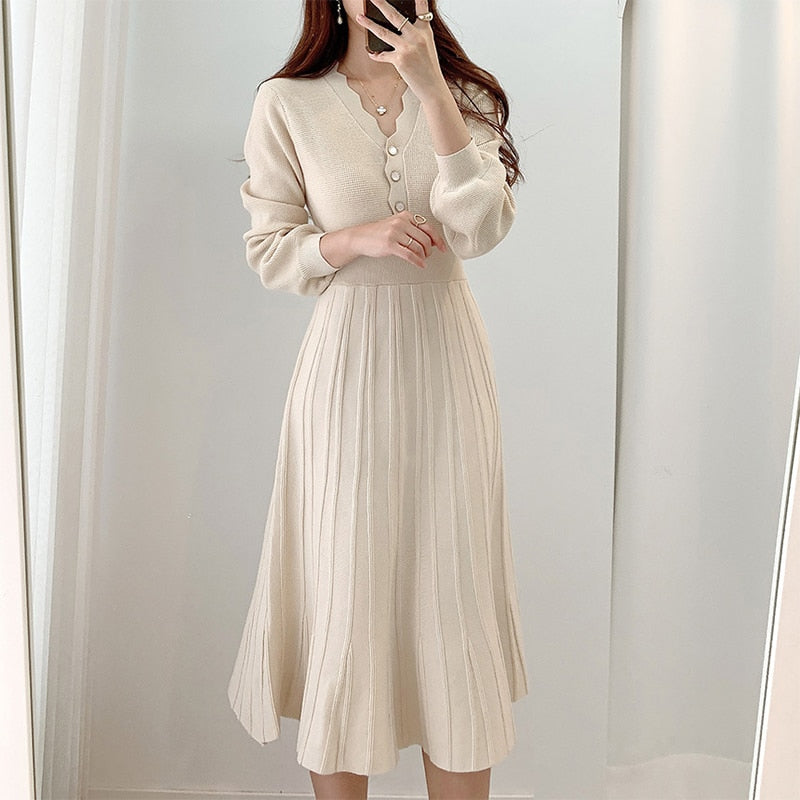 Vintage One Piece Korean Pleated Dress Long Sleeve Slim Woman Sweater Dresses Knitted Elegant Midi Party Woman Dress Autumn