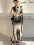 Sleeveless Dresses Women Striped Basic Korean Style Female Straight Design Casual Stylish Classic Summer Midi Breathable Simple