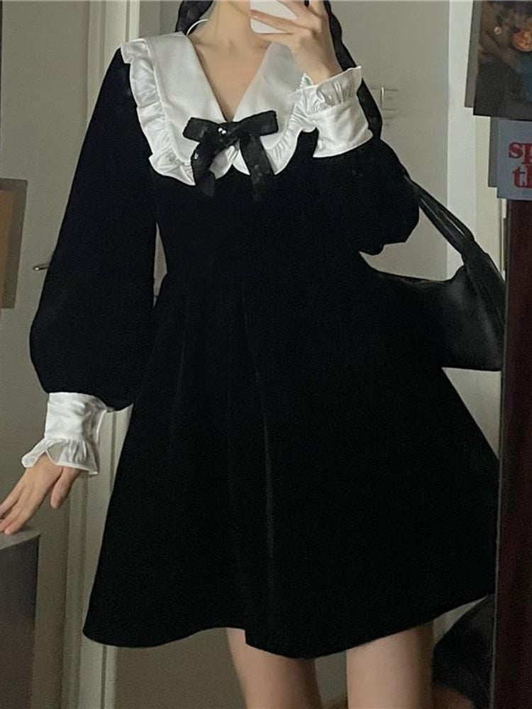 Darianrojas Kawaii Bow Dress Women Japanese Preppy Style Long Sleeve Mini Dresses Black Goth Vintage Lolita Outfits Sweet Streetwear