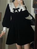 Darianrojas Kawaii Bow Dress Women Japanese Preppy Style Long Sleeve Mini Dresses Black Goth Vintage Lolita Outfits Sweet Streetwear