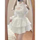 Hot Girl Lace White Kawaii Lolita Dress Woman Cascading Ruffl Long Sleeve Fairy Dress Straps Birthday Party Quinceanera Dresses