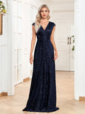 Women Elegant V-neck Mermaid Evening Dress Floor Length Formal Blue Prom Party Gown Sequins Sleeveless Vestidos