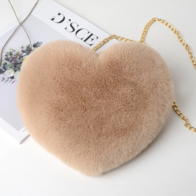 Darianrojas Fashion Women's Heart Shaped Handbags Cute Kawaii Faux Fur Crossbody Bags Wallet Purse Plush Chain Shoulder Bag Lady Handbag