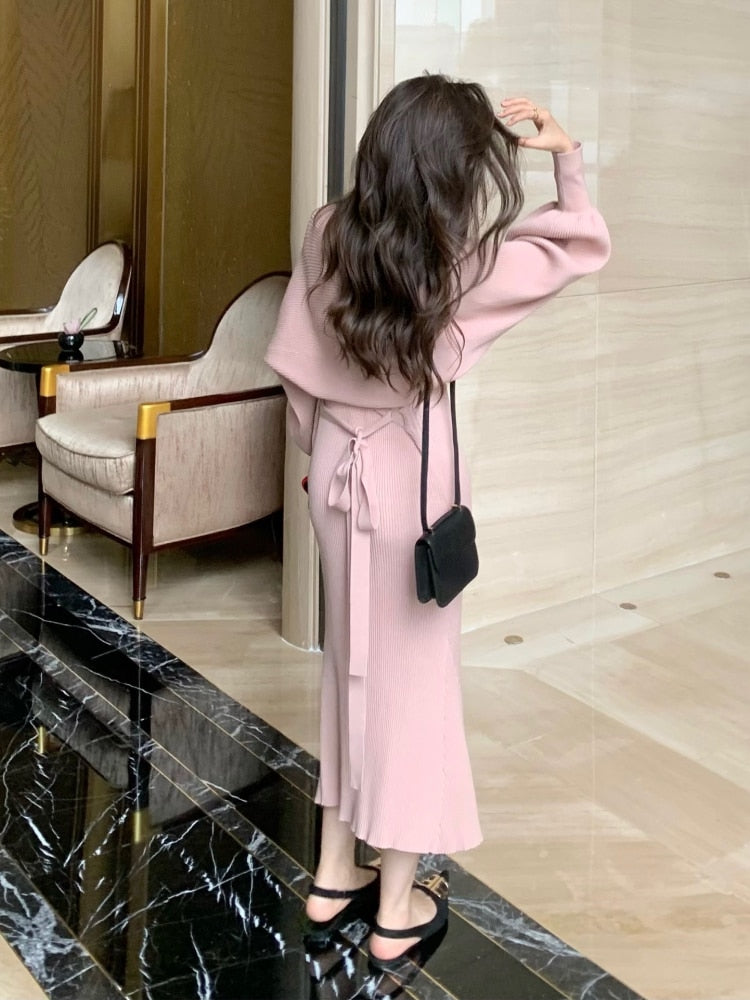 Winter Pink Elegant Two Piece Sweater Set Women Loose Warm Knitted Sweater Suit Female Bow Casual Korean Fashion Chic Set