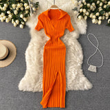 Chic Stripe Elastic Slim Elegant Split Wrap Bodycon Dress Sexy Short Sleeve Casual Lapel Women Fashion Knit Vestido Pencil Dress