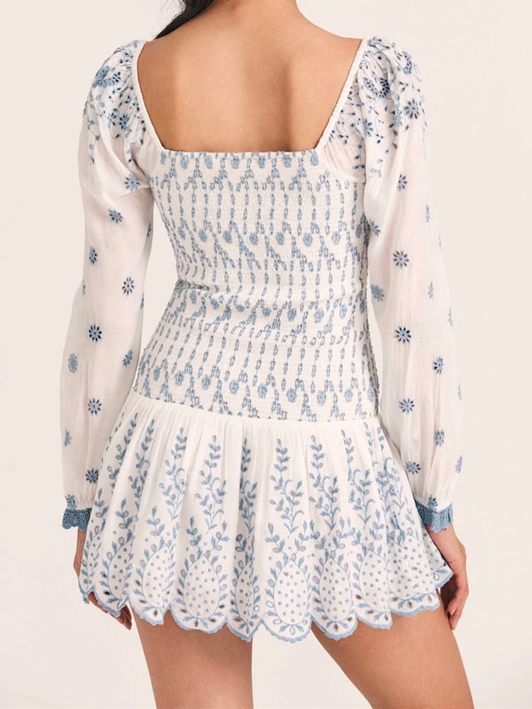 Romantic Puff Sleeve Embroidery White Blue Floral Body Elastic Ruched Mini Dress Woman Low Waist Ruffles Hem Holiday Robe