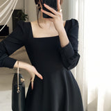 Black Hepburn Dress Women's  High Waist Thin French Square Collar Long Sleeve Little Black Vestidos Elegantes Para Mujer